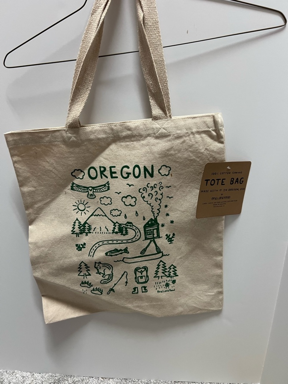 OREGON Canvas Tote Bag - Natural with Green Print